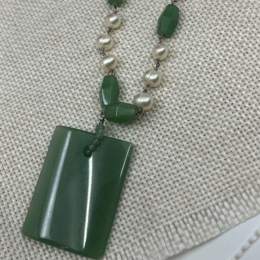 Vintage Green Jade Nephrite & Pearl Sterling Silver Necklace 925 Estate 16" - Picture 15 of 17